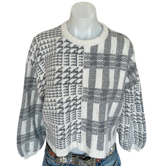 Splendid White Gray Herringbone Sweater SMALL Boxy Oversized Plaid Preppy $178 - Picture 9 of 13